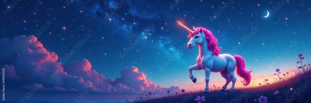 Fototapeta premium Colorful unicorn holding a sign under starry night sky, magic, unicorn