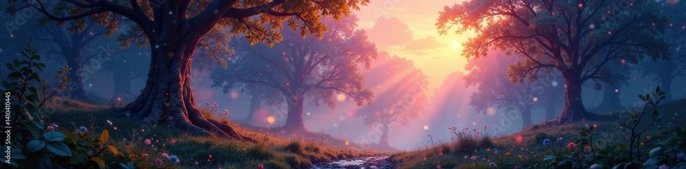 Fototapeta premium Glowing celestial aura surrounds misty forest, ethereal, forest, glow