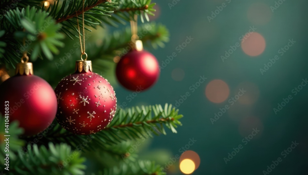Fototapeta premium Christmas Tree Ornaments Hanging from Branches, Christmas Icons Hangings, Winter Decorations