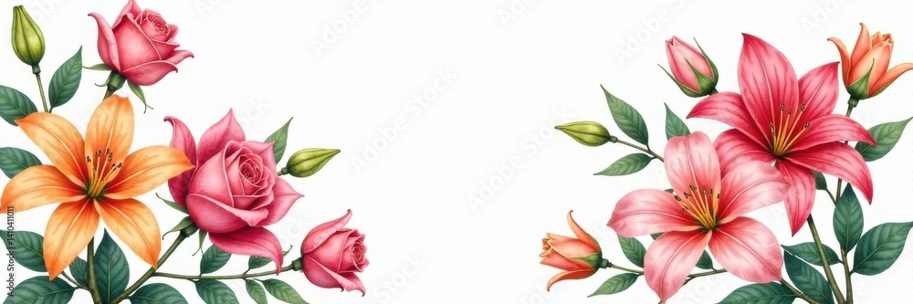 Naklejka premium Watercolor arrangement of roses and lilies, lilies, watercolor flowers, flowers