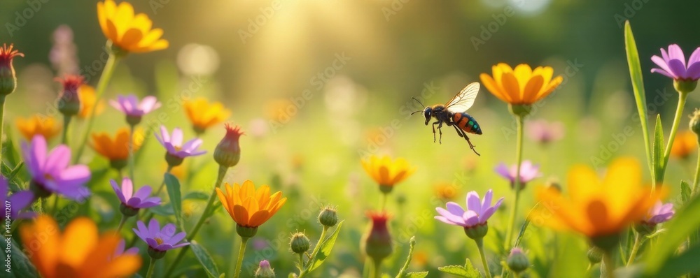 vibrant insects flit amidst colorful wildflowers in a sun-kissed meadow, floral borders, insect diversity, insect life cycle vibrant insects flit amidst colorful wildflowers in a sun-kissed meadow, floral borders, insect diversity, insect life cycle