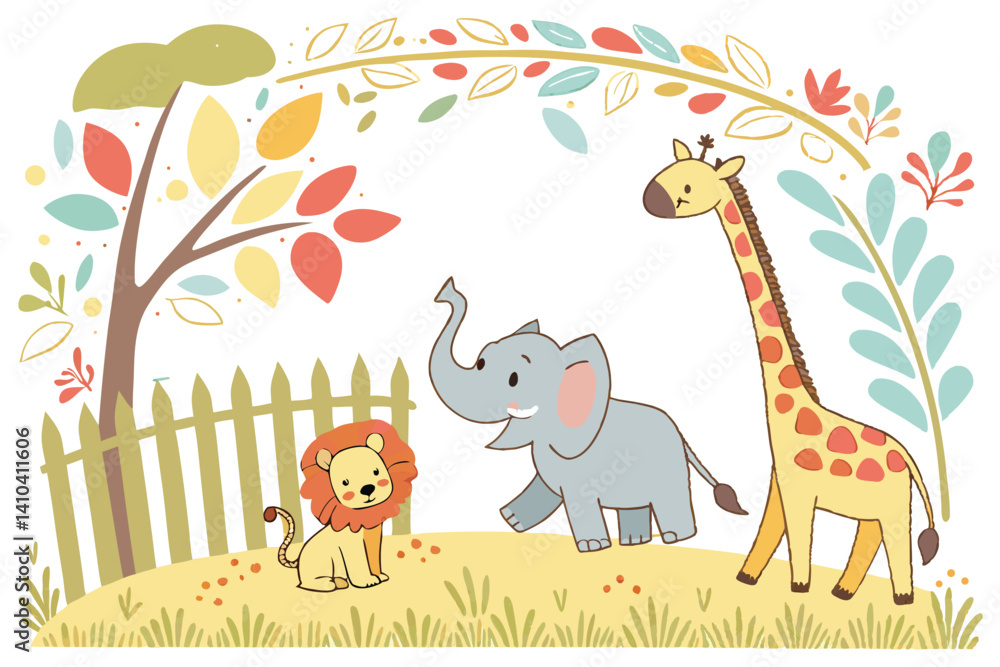 Obraz premium cute cartoon safari zoo with animal frame border