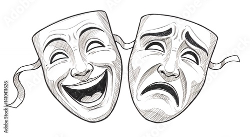 Comedy tragedy masks monochrome illustration