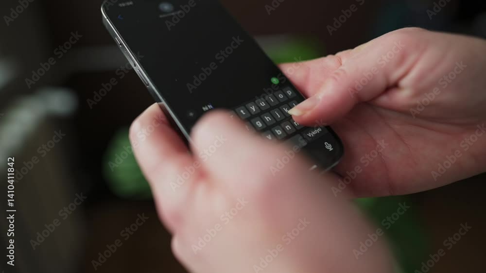 Hands holding smartphone with fingers deleting message on dark screen keyboard, visible blurred text field showing message being erased, captured in natural indoor lighting with soft background
