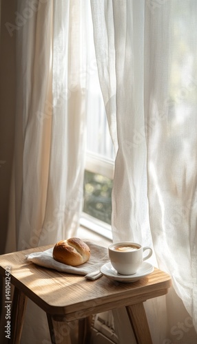 Cozy breakfast scene by the window with coffee and bun in soft morning light and minimal design