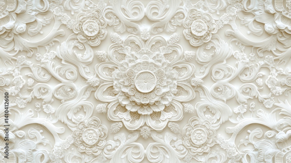 Ornate white floral pattern on a wall. Ornate white floral pattern on a wall.