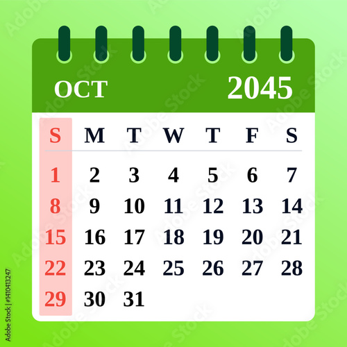 October 2045 Calendar Vector. Flat Monthly Planner Design. Simple Template Illustration for October
