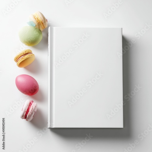 Pastel Macarons and Blank Book Mockup:  Elegant Flatlay