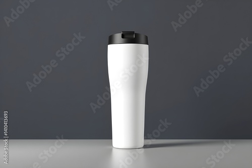 Premium Minimalist White Travel Mug Mockup on Subtle Gray Background for Branding, Product Presentation, and Marketing Projects