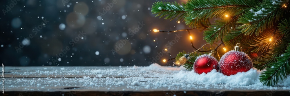 Snowfall on wooden board with fir branches and Christmas lights, new year, christmas Snowfall on wooden board with fir branches and Christmas lights, new year, christmas