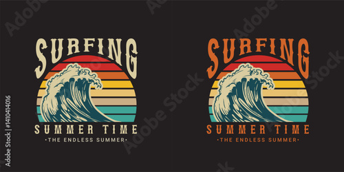 Surfing Groovy text effect California summer, stylish t-shirts and trendy clothing designs with lettering, and printable, vector illustration designs