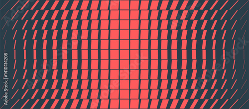 Dynamic red and black pattern with illusionary wave grid. Curved motion transforms the field into a bold graphic landscape. Vector abstraction for modern technology, virtual visuals or creative design