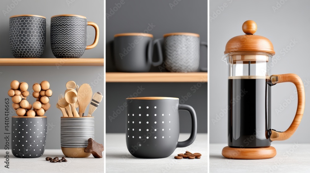 Mood board Coffee concept. A cozy cafe inspired mood board with open shelves artisanal mugs and a French press long title This image showcases a warm minimalist cafe inspired