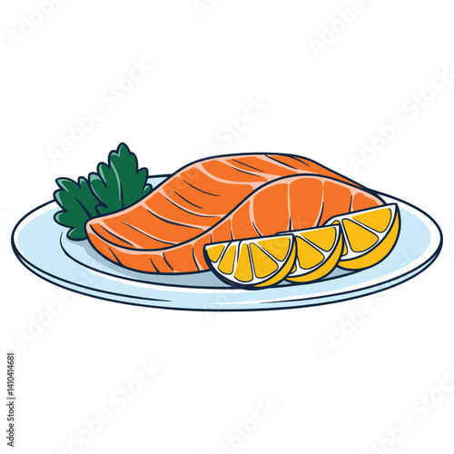 Tasty salmon fish served with lemon slices and fresh lettuce on a plate. Flat vector icon perfect for festive meals, seafood dishes and restaurant themed visuals.