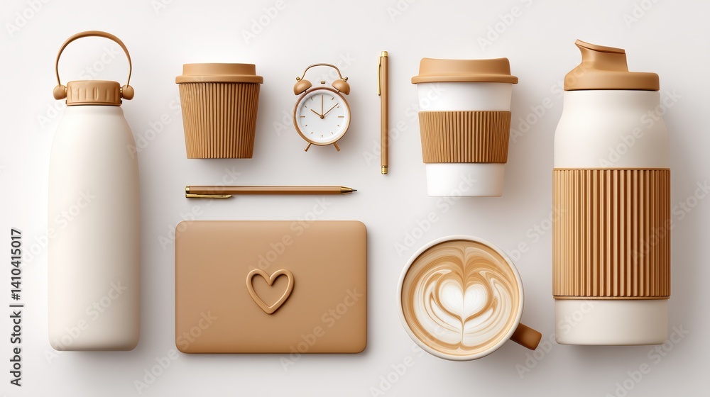 Mood board Coffee concept. Coffee and work setup mood board with laptop and notebook