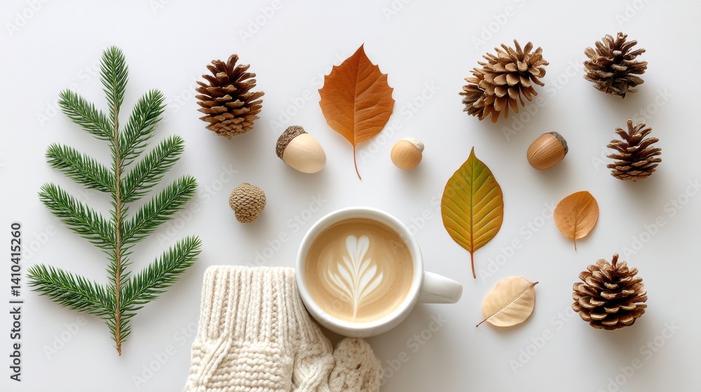 Mood board Coffee concept. Cozy autumnal still life with seasonal elements and coffee