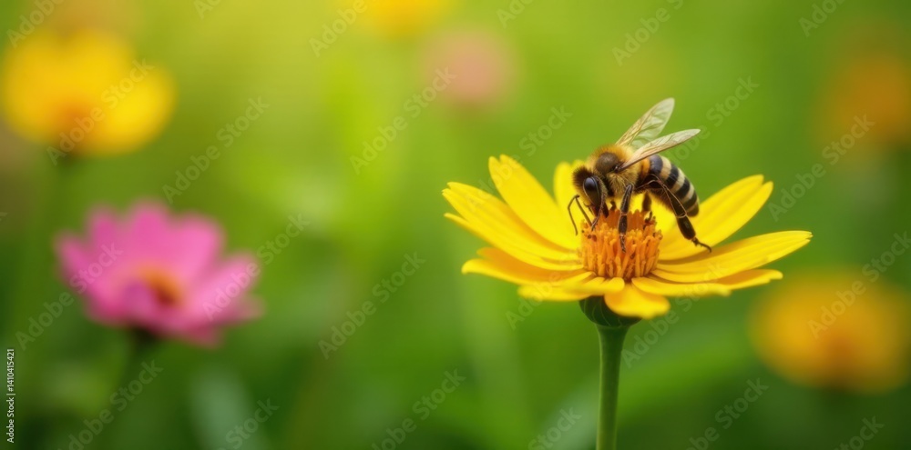A bee collects nectar from a colorful flower in a lush green meadow , nature, bees A bee collects nectar from a colorful flower in a lush green meadow , nature, bees