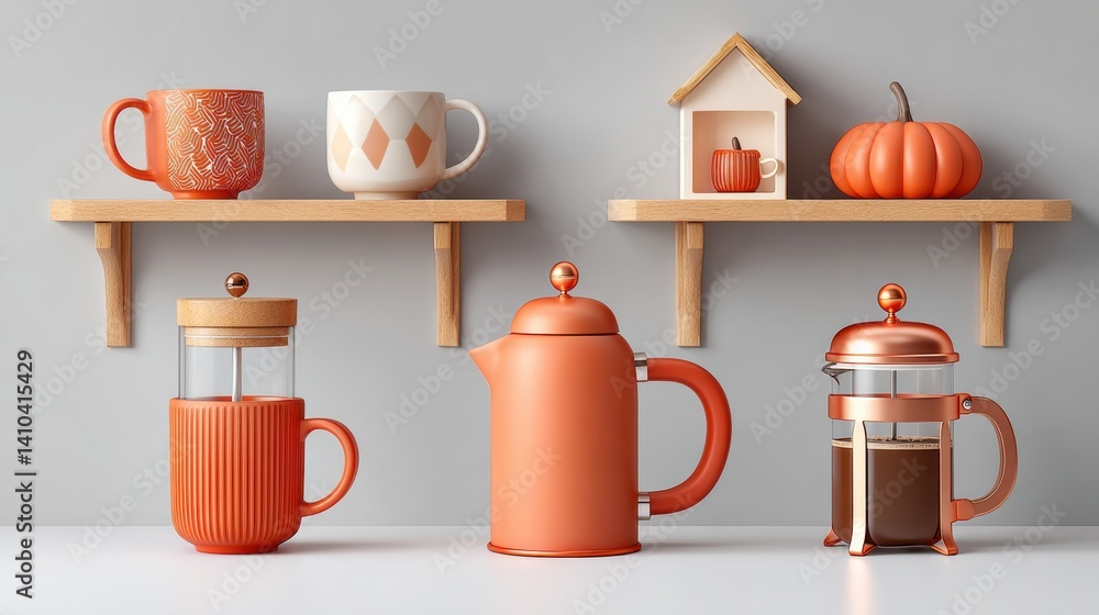 Mood board Coffee concept. Cozy home cafe mood board with open shelves mugs and French press