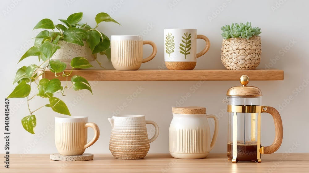 Mood board Coffee concept. Cozy home cafe mood board with open shelves mugs and natural elements
