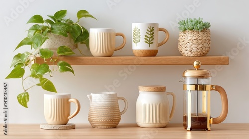 Obraz na płótnie Mood board Coffee concept. Cozy home cafe mood board with open shelves mugs and natural elements w salonie