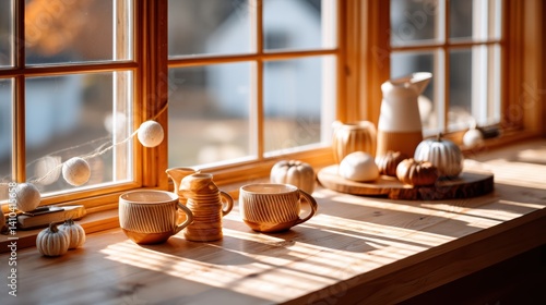 Mood board Coffee concept. Cozy morning with sunlit coffee cups on a rustic table