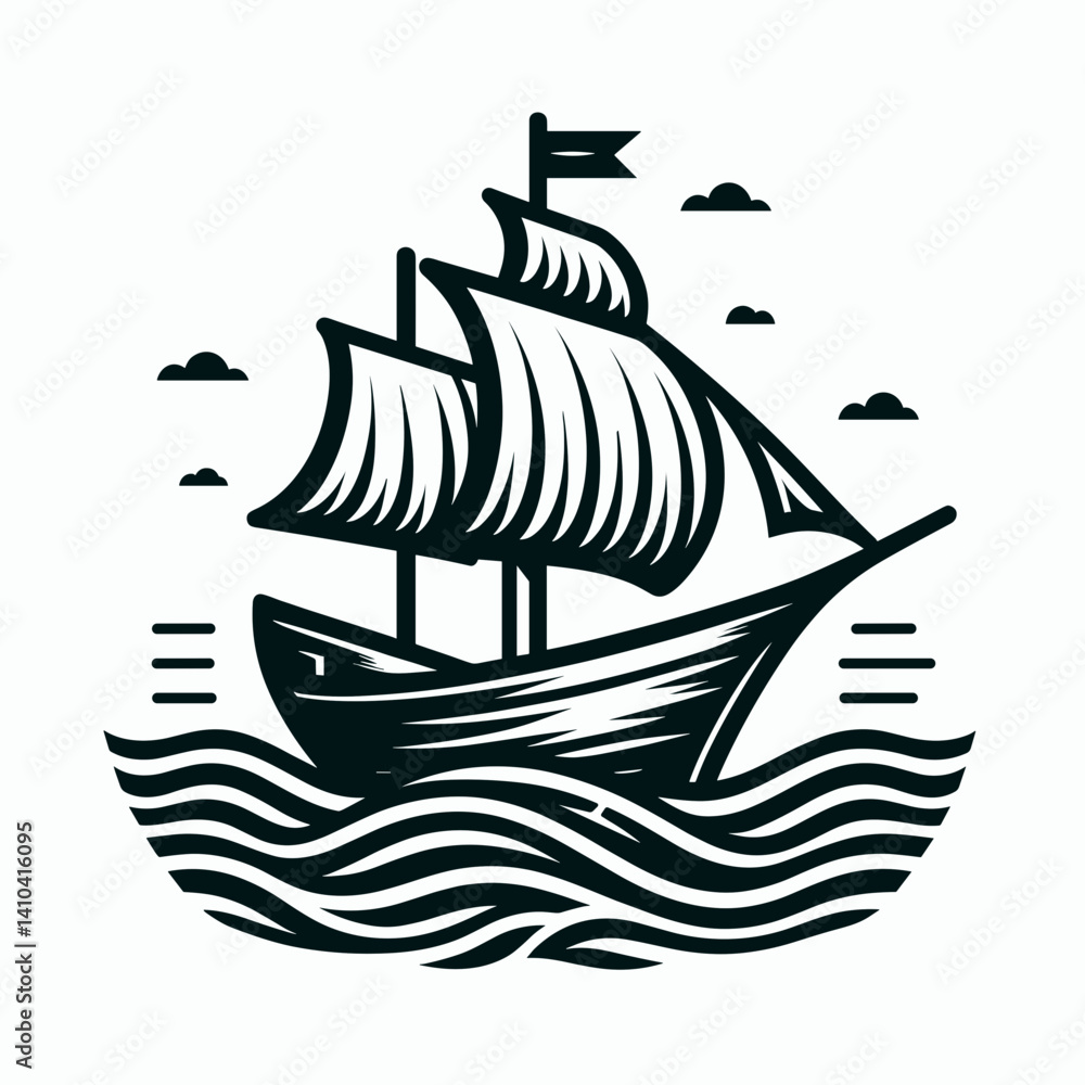 Naklejka premium Stylized black and white ship illustration sailing on waves with clouds and copy space