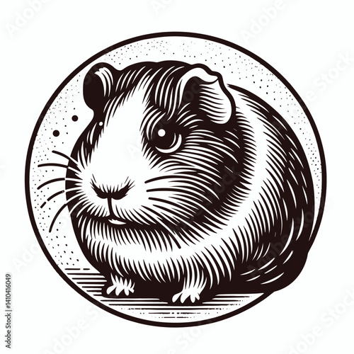 Adorable black and white illustration of a guinea pig within a circular design with copy space