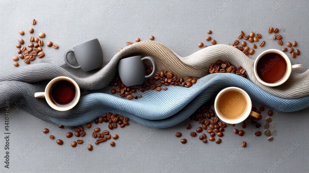 Mood board Coffee concept. flat lay with spilled coffee beans and mugs