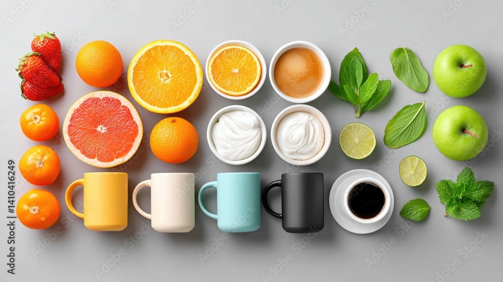 Mood board Coffee concept. Healthy breakfast and coffee mood board with fresh fruits