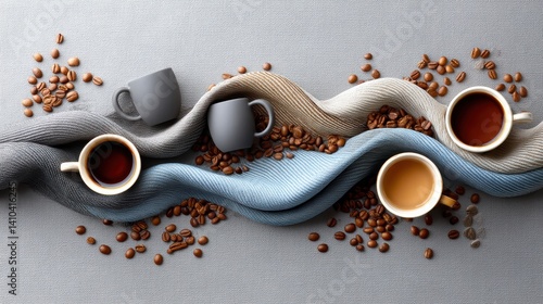 Obraz na płótnie Mood board Coffee concept. flat lay with spilled coffee beans and mugs w salonie