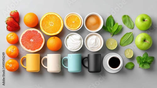 Obraz na płótnie Mood board Coffee concept. Healthy breakfast and coffee mood board with fresh fruits w salonie