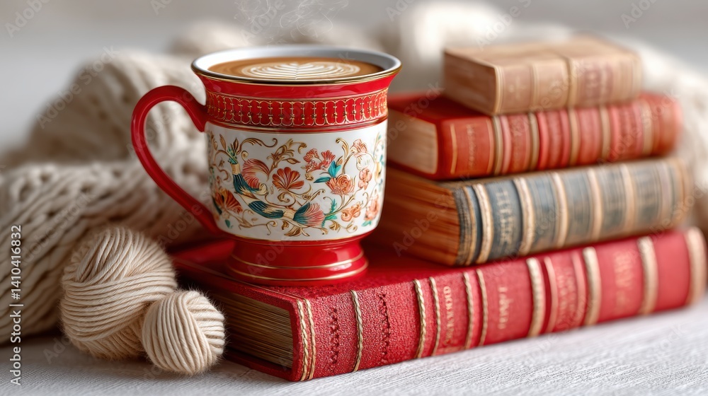 Mood board Coffee concept. Vintage coffee drinking setup with old books and ceramic mug