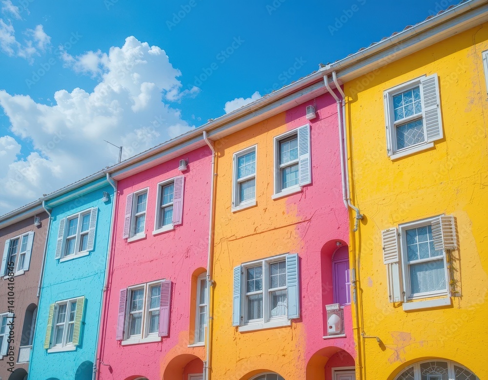 Naklejka premium A vibrant row of charming, brightly colored houses in the UK, featuring pastel shades of pink, blue, and yellow, adorned with flower boxes and lush greenery, creating a picturesque scene.