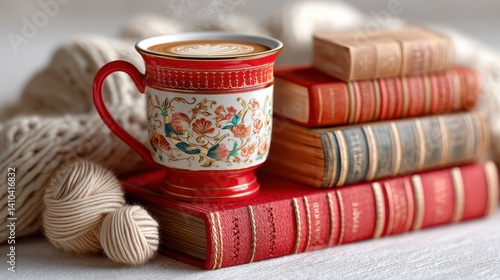 Mood board Coffee concept. Vintage coffee drinking setup with old books and ceramic mug