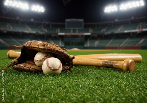 Wallpaper Mural Close-up of a baseball glove and ball resting on the green field in stadium lights Torontodigital.ca