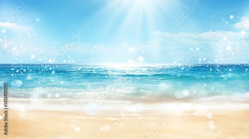 Serene tropical beach landscape with soft golden sand, turquoise ocean waves, and dreamy sunlight creating a tranquil summer paradise atmosphere