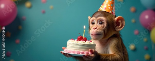 A monkey wearing a party hat and holding a cake, funny, celebration