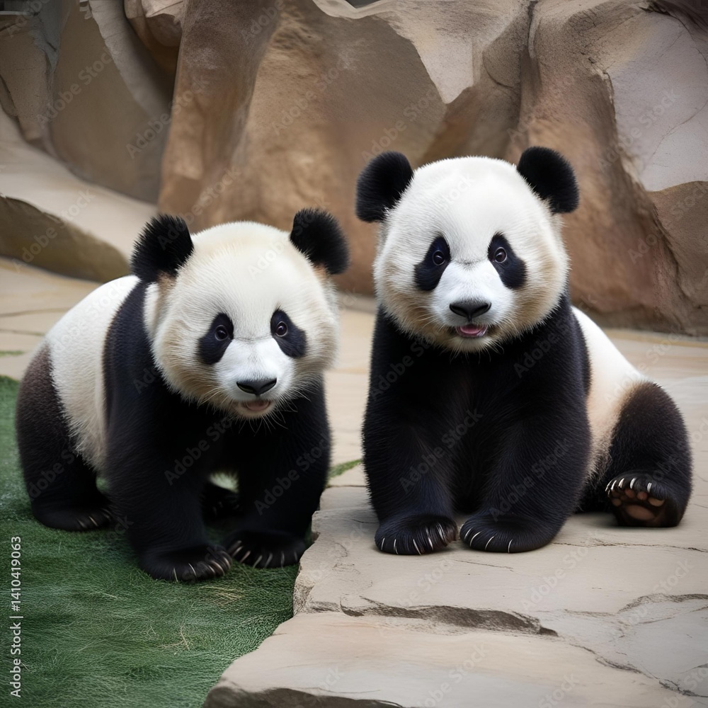 Fototapeta premium Cute Giant Panda Eating Bamboo in Natural Forest Habitat