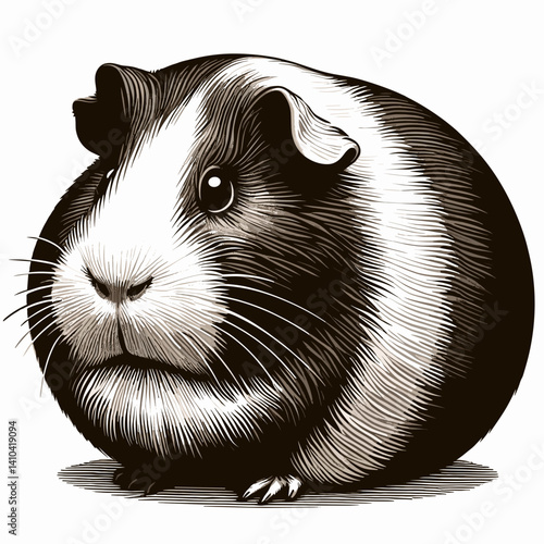 Detailed black and white illustration of a guinea pig with a round shape and expressive eyes