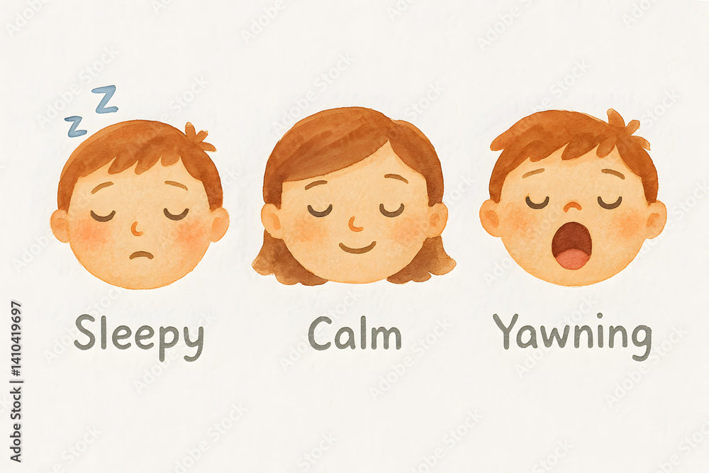 Watercolor Illustrations of Sleepy, Calm, and Yawning Kids Watercolor Illustrations of Sleepy, Calm, and Yawning Kids