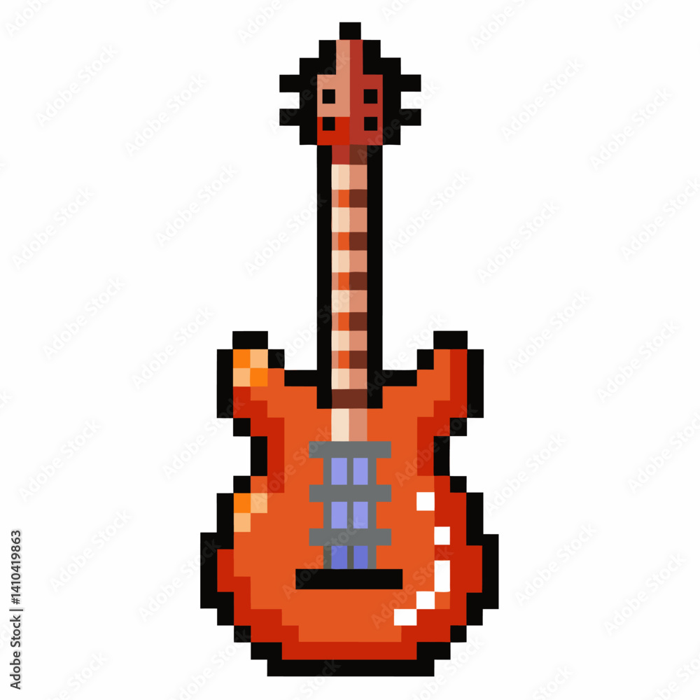 Obraz premium Pixel Art Electric Guitar Icon Retro 8 bit Musical Instrument Illustration