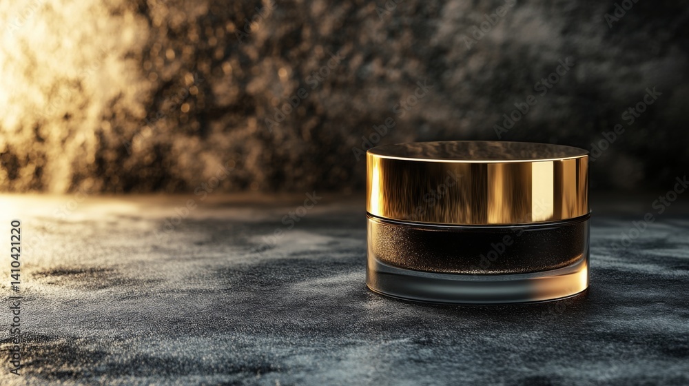 Elegant black container with a golden lid displayed on a dark textured surface in an artistic arrangement Elegant black container with a golden lid displayed on a dark textured surface in an artistic arrangement