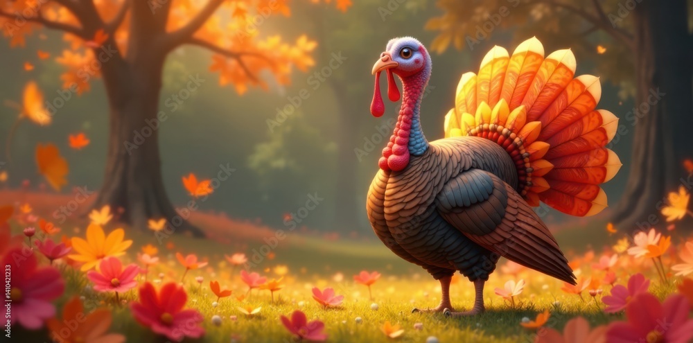 Fototapeta premium cartoon turkey in shades with vibrant orange feathers, turkey, sunglasses