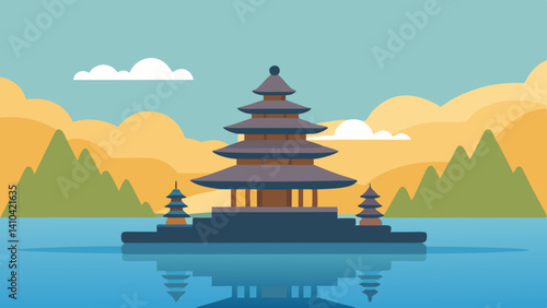 balinese temple with soft sky and calm lake