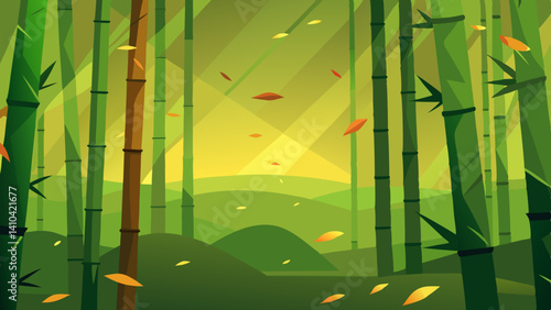 : bamboo forest with falling leaves and haze