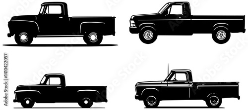 Set of vintage pick up trucks in silhouette, isolated 