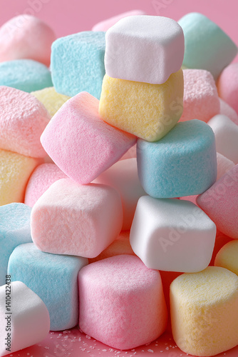 Colorful pastel marshmallows, soft textures in close-up view, sweet candy background, playful delight