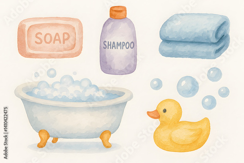 Watercolor Bath Time Essentials with Soap and Rubber Duck