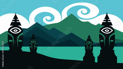  maori totem silhouettes against a mountain coast