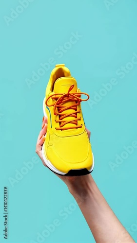 Hand Holding Bright Yellow Athletic Shoe on Aqua Background